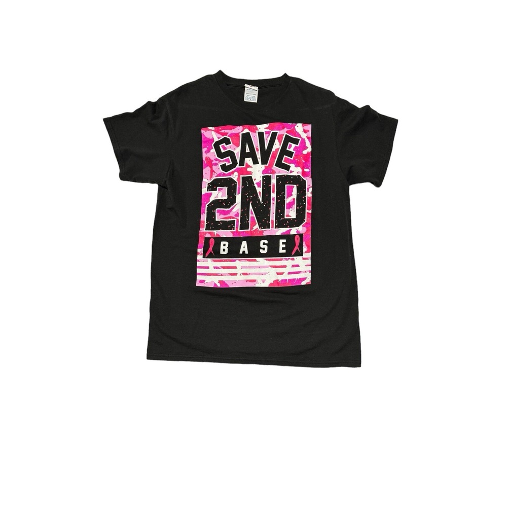Save 2nd‎ Base Black T-shirt Adult Medium Breast Cancer Awareness Pink Ribbon - Picture 1 of 8
